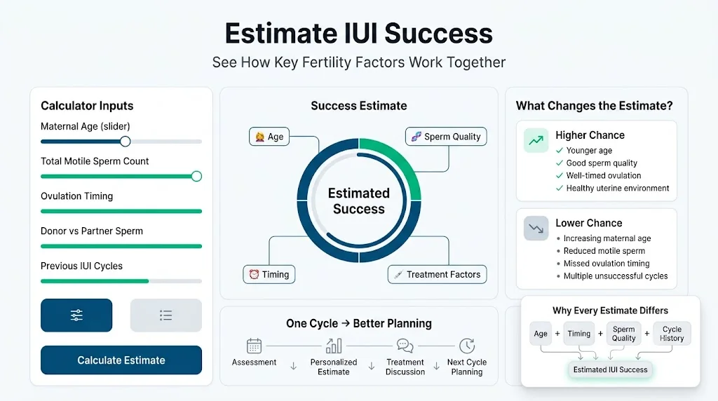 IUI Success Rate Calculator dashboard showing a personalized pregnancy estimate using female age, infertility profile, pre-wash TPMSC and optional AMH.