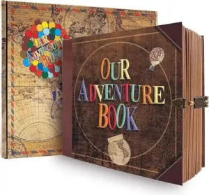 JIMBON Our Adventure Book retro scrapbook photo album with an embossed cover and thick craft paper pages used for documenting couples travel memories and relationship milestones.