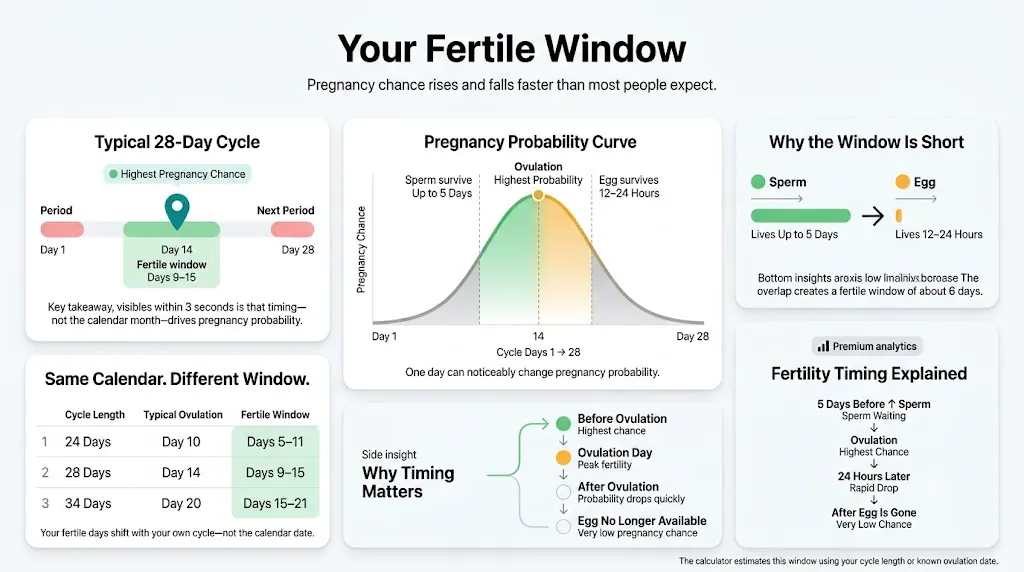 Late Period Probability Calculator infographic showing fertile window timeline, ovulation probability curve, sperm and egg lifespan, and cycle length comparison.