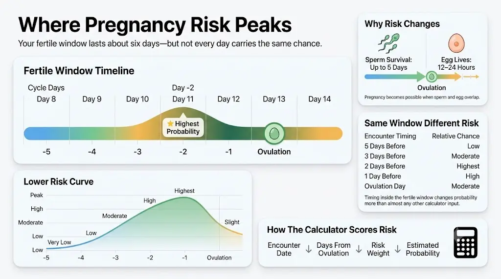 One Time Pregnancy Calculator infographic showing the fertile window timeline, ovulation day, sperm survival, egg lifespan, and how encounter timing changes pregnancy probability.