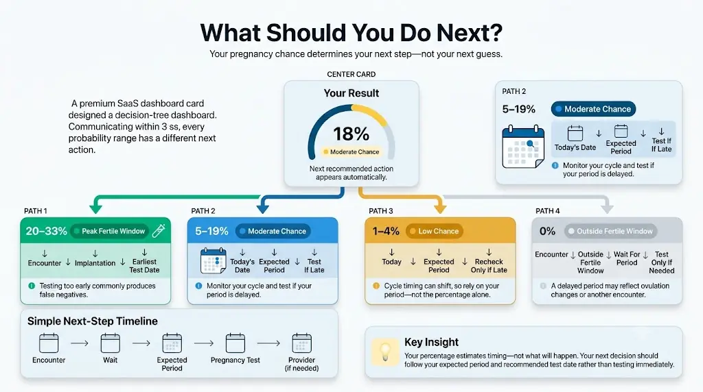 Decision pathway infographic for a semen analysis calculator showing TMSC ranges, recommended next steps, and why overall score matters more than one parameter.
