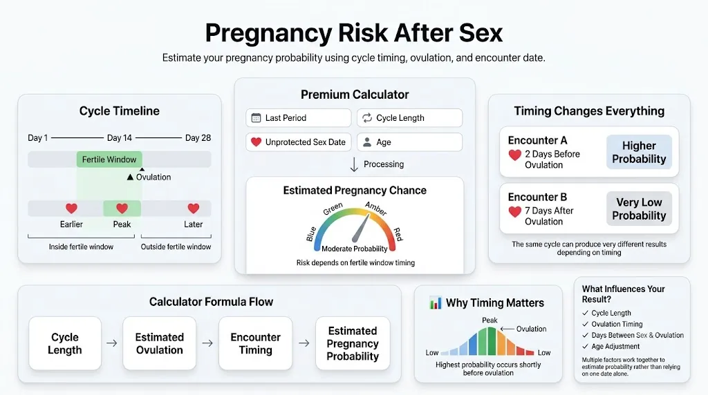 Pregnancy After Unprotected Intercourse Calculator dashboard showing cycle timeline, ovulation, encounter date, fertile window, and estimated pregnancy probability.