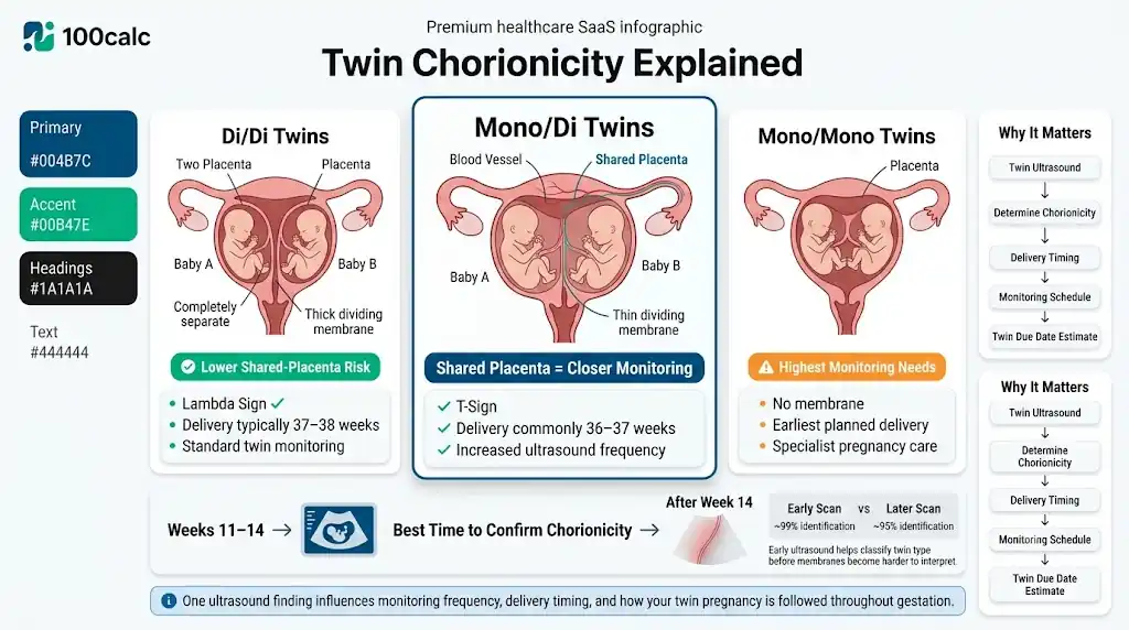 Twin due date calculator infographic comparing Di/Di, Mono/Di, and Mono/Mono chorionicity with lambda and T-sign diagrams, delivery timing, and ultrasound identification timeline.