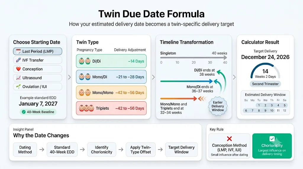 Twin due date calculator infographic showing standard due date calculation, twin type adjustments, delivery timeline comparison, and estimated target delivery window.