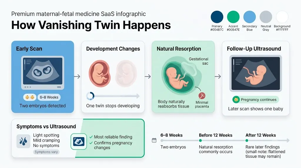 Vanishing twin syndrome infographic showing early and follow-up ultrasound comparison, natural tissue resorption timeline, and why ultrasound findings guide diagnosis.