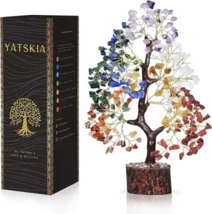 Yatskia 7 chakra tree of life crystal bonsai tree with natural gemstones on a golden wire trunk, a meaningful 50th birthday and spiritual healing gift.