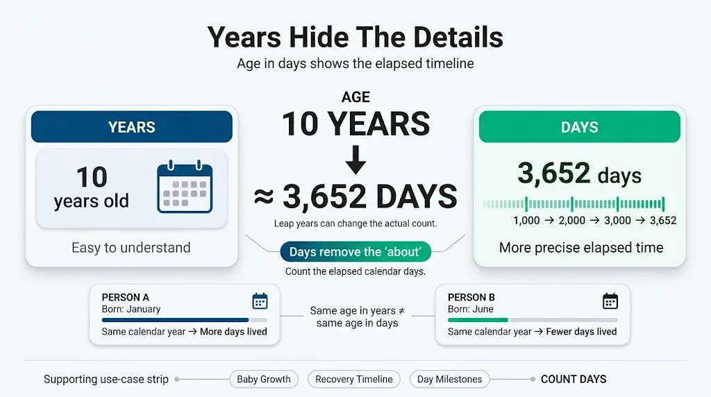 Age in days calculator showing 10 years converted to about 3,652 days and comparing year-based age with precise elapsed days