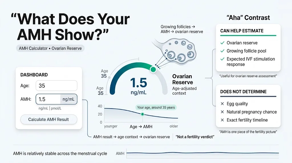 AMH Calculator showing age-adjusted AMH result, ovarian reserve chart, and what the hormone can help estimate about fertility