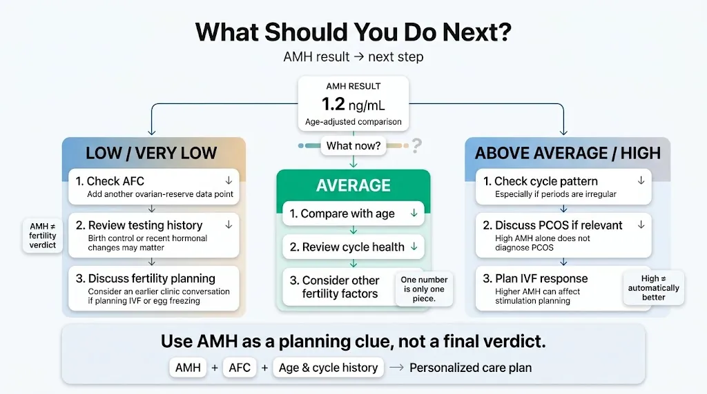 AMH Calculator decision pathway showing low, average, and high results with AFC, age, cycle, PCOS, and IVF next steps