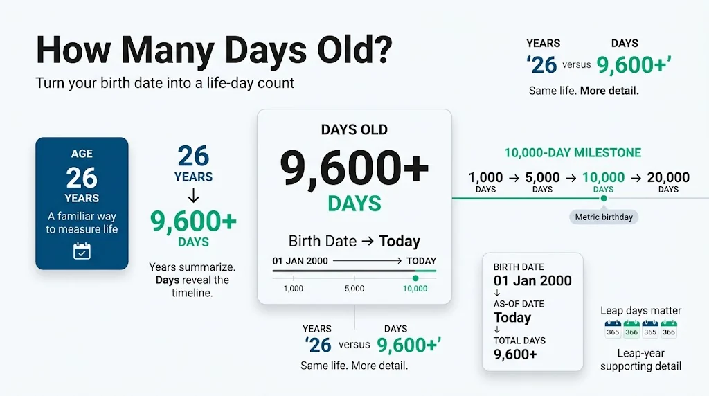 Days Old Calculator showing age in years converted to total days with a birth-date timeline and 10,000-day milestone