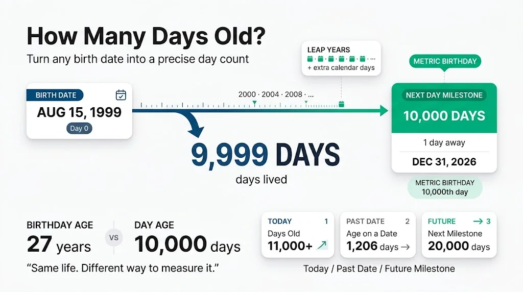 Days Old Calculator showing birth date, total days lived, leap years, and a 10,000-day milestone for precise age tracking