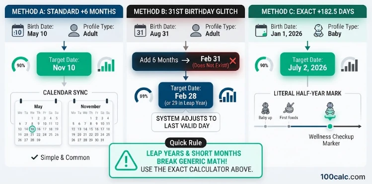 An infographic from 100calc.com detailing three methods to calculate a half birthday: the standard +6 months bump, the February 31st glitch adjustment to the last valid day, and the exact +182.5 days scientific count for precise milestones.