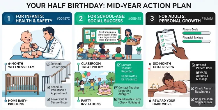 A detailed infographic titled 'YOUR HALF BIRTHDAY: MID-YEAR ACTION PLAN' from 100calc.com, structured in three columns: 1. 'FOR INFANTS: HEALTH & SAFETY' (pediatric checkup, baby-proofing), 2. 'FOR SCHOOL-AGE: SOCIAL SUCCESS' (classroom treats, party invites), and 3. 'FOR ADULTS: PERSONAL GROWTH' (goal review, self-care). The graphic uses a clean color palette with icons and checklists for each life stage.