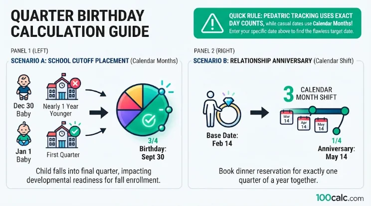 An infographic from 100calc.com comparing two quarter birthday calculation scenarios: one showing how a December 30 baby falls into the final quarter compared to a January 1 baby, and another showing a 3-month calendar shift for a February 14 relationship anniversary, with a rule on exact day counts vs. calendar months.
