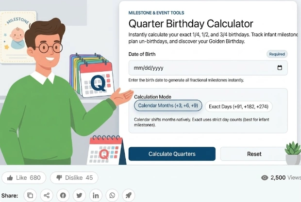 A flat vector illustrated infographic style introduction card, with a young man in a green sweater and glasses on the left smiling and gesturing towards a detailed web application interface on the right. The entire interface for the 'Quarter Birthday Calculator' (text from image) is clearly visible and verbatim, including the description: "Instantly calculate your exact 1/4, 1/2, and 3/4 birthdays. Track infant milestones, plan un-birthdays, and discover your Golden Birthday." All form fields are present: 'Date of Birth' with date inputs, calendar icon, and 'Required' badge; 'Calculation Mode' with two pill-style buttons for 'Calendar Months (+3, +6, +9)' (selected) and 'Exact Days (+91, +182, +274)'; and the help text: 'Calendar shifts months natively. Exact uses strict day counts (best for infant milestones).' Dark blue 'Calculate Quarters' and light gray 'Reset' buttons are prominent. In the background are illustrated icons of marked calendars, a milestone card, and a tiny succulent plant.