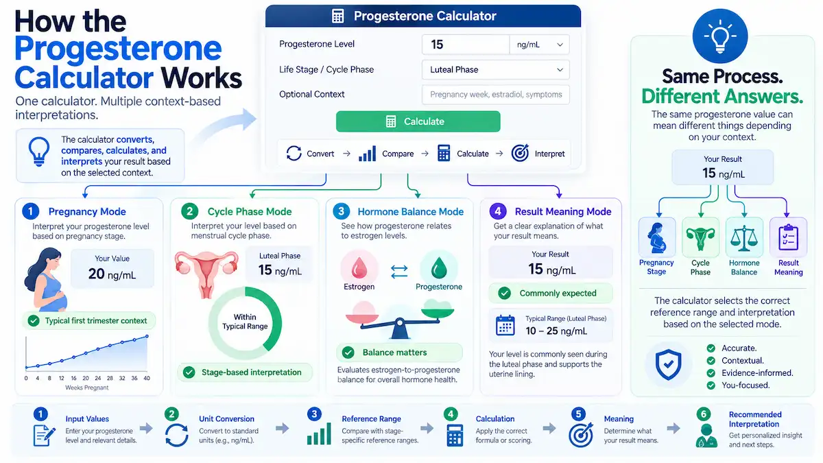 How the Progesterone Calculator works using progesterone input, unit conversion, cycle or pregnancy context, reference comparison, and Pg:E2 ratio calculation.