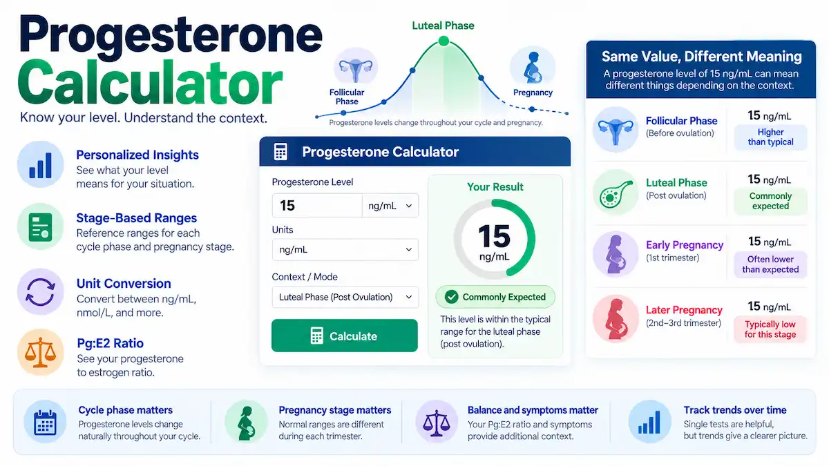 Progesterone Calculator dashboard showing progesterone level conversion, cycle or pregnancy context, example reference-range comparison, and Pg:E2 ratio calculation.