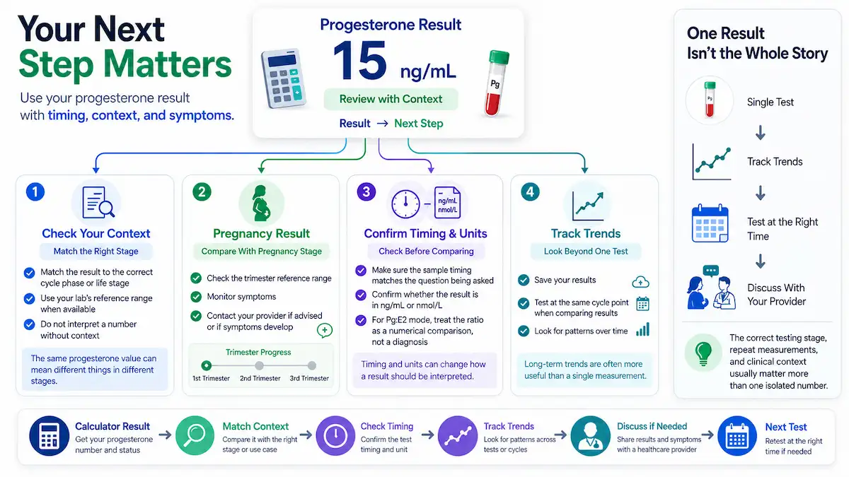 Progesterone calculator next-step infographic showing how to review test timing, pregnancy stage, laboratory reference range, result trends, and clinical context.