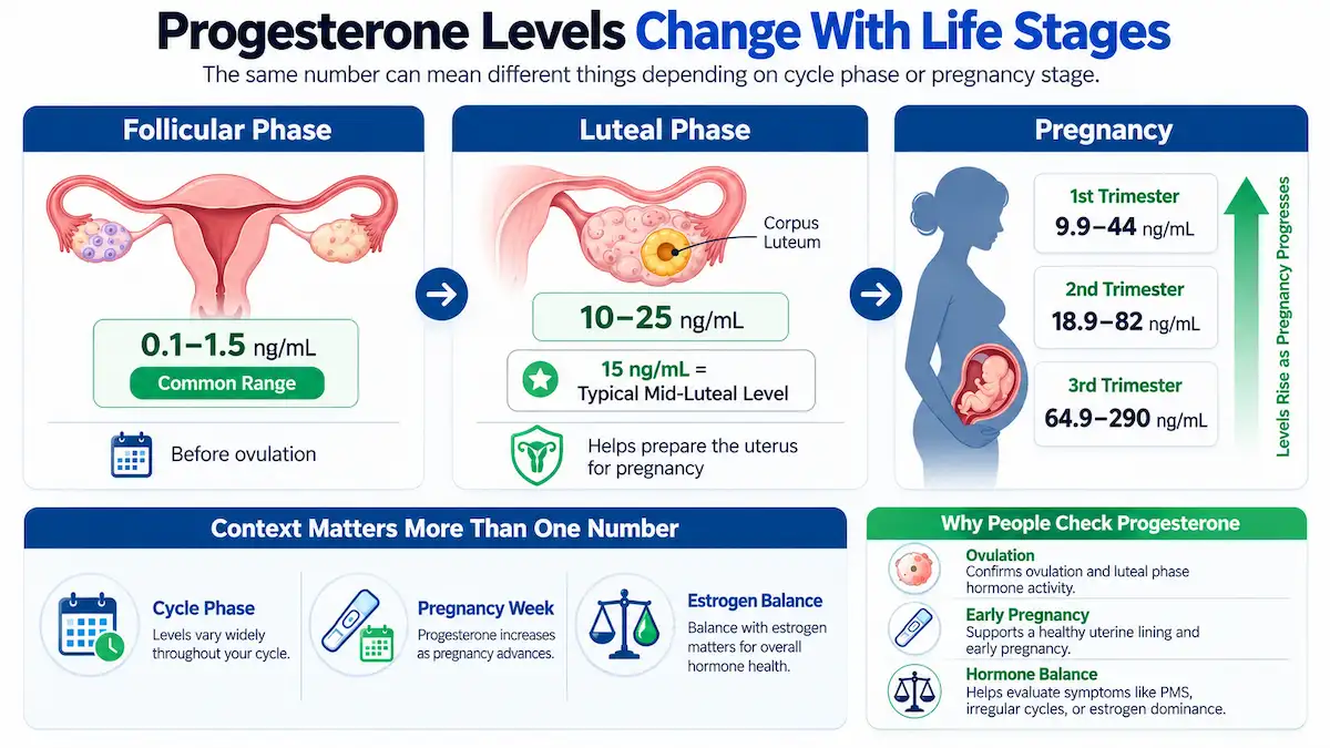 Progesterone reference-context infographic showing follicular, luteal, mid-luteal ovulation, and pregnancy-stage values used by the Progesterone Calculator.