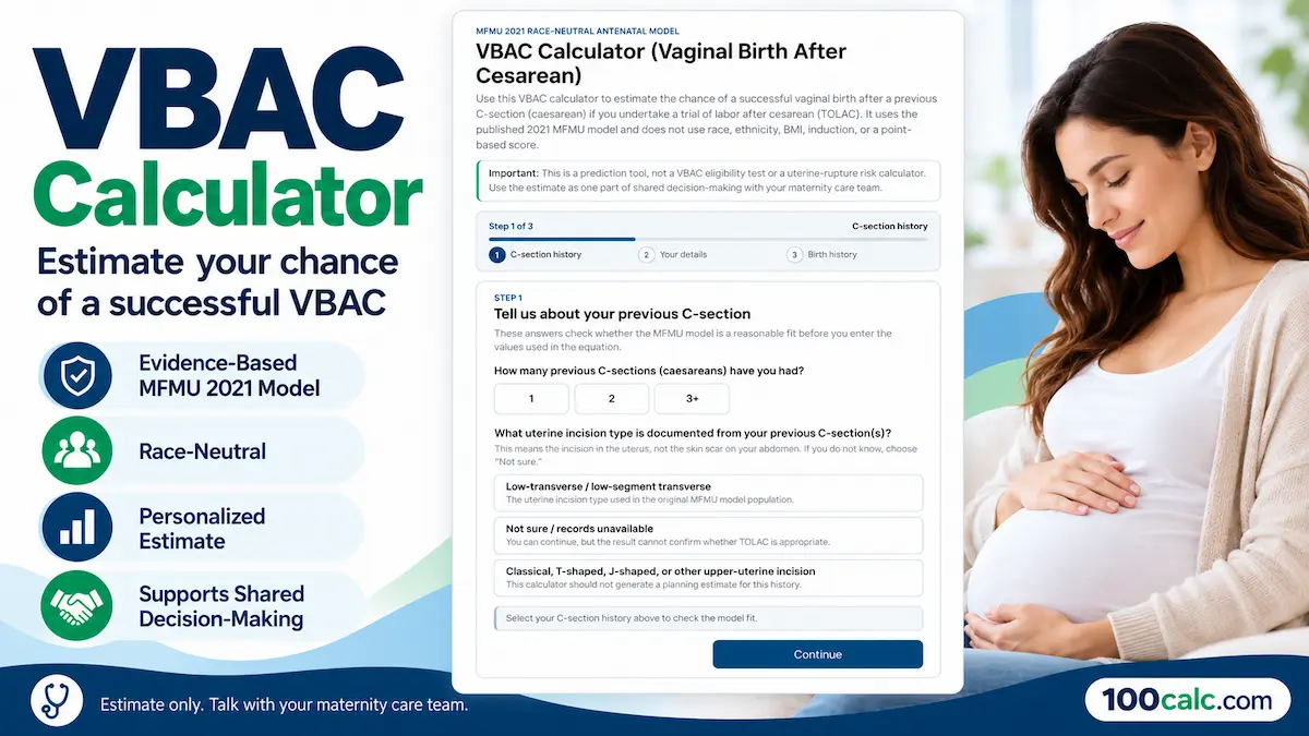 VBAC Calculator (Vaginal Birth After Cesarean) showing a race-neutral tool that estimates VBAC success probability after a previous C-section